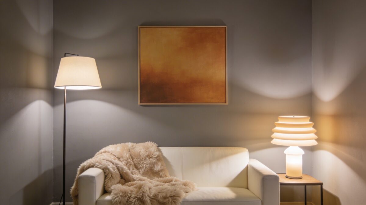A small living room with warm grey walls, a single warm-toned art print, a cream sofa, and a plush textured throw in sandy beige; multiple light sources including a floor lamp and a table lamp to create soft, layered light on satin and matte finishes.