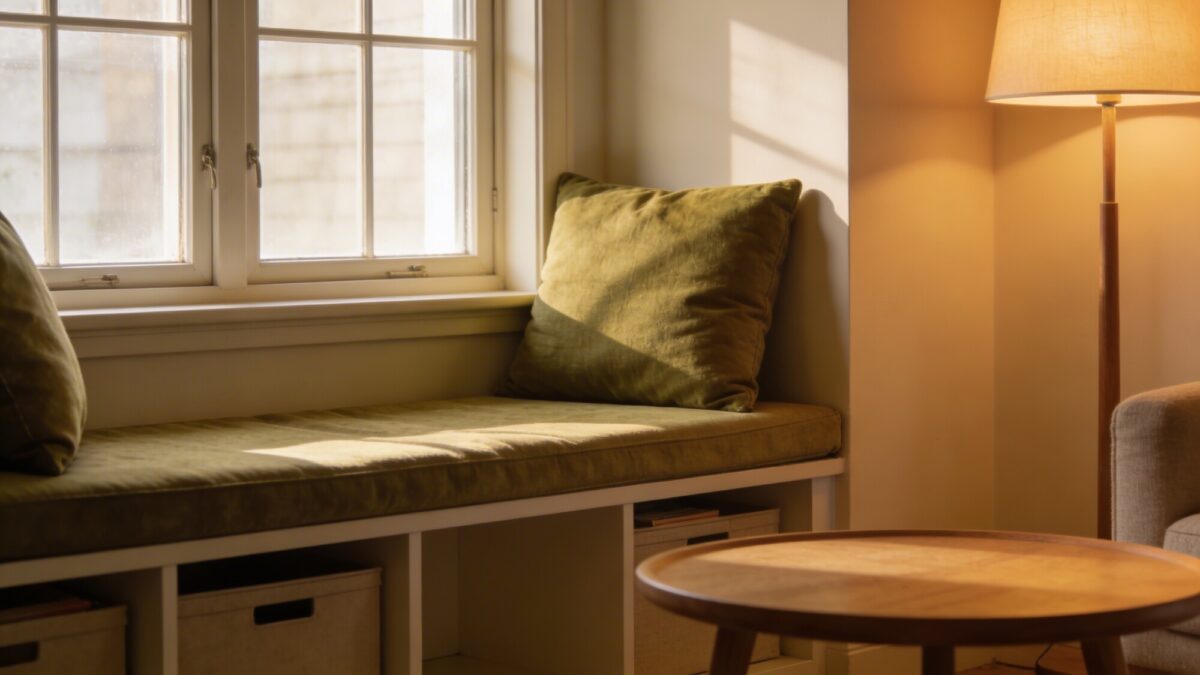 A cozy reading nook within a small living room: a cushioned window seat with built-in storage, olive-green cushions, a small round coffee table, and warm-toned lighting; natural daylight plus a warm lamp glow emphasizes layering and texture.