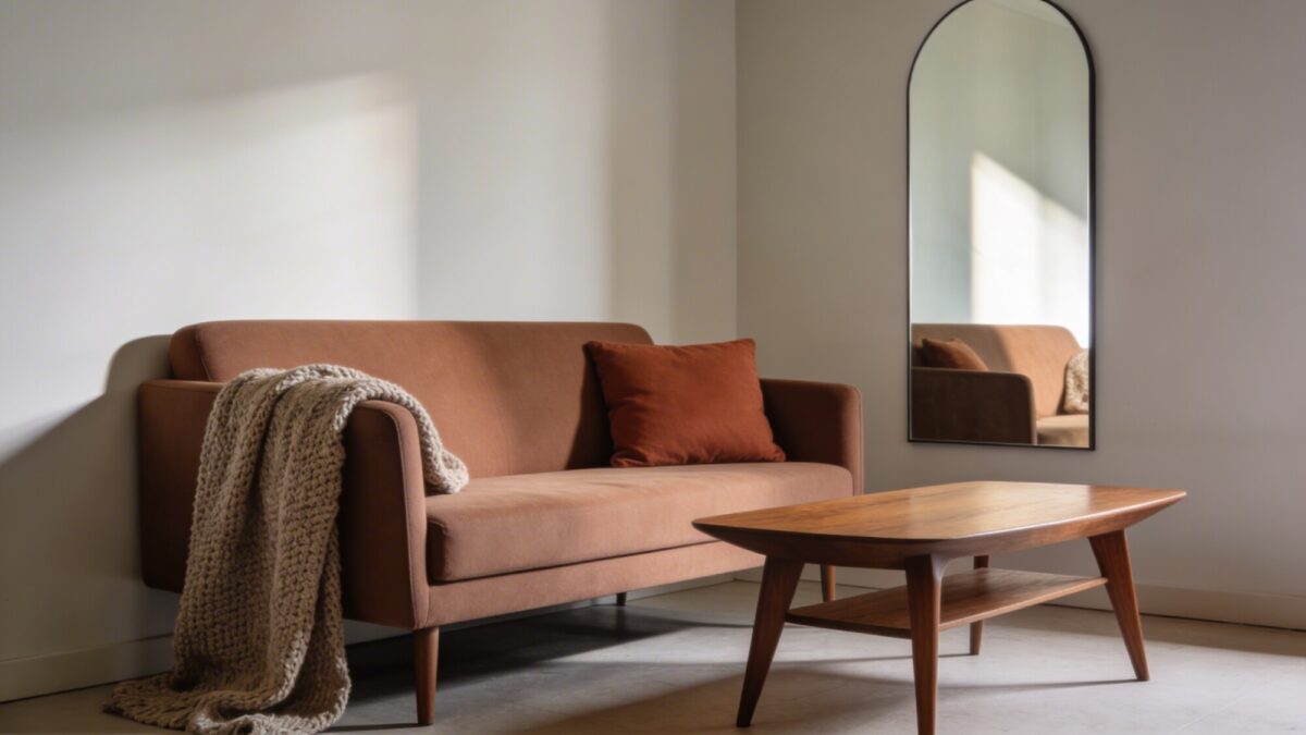 A micro-living room scene with a slim profile sofa in warm taupe, a textured knit throw, a terracotta accent pillow, a mid-century wooden coffee table, and a large mirror to reflect light, creating the illusion of space; soft, neutral color palette.