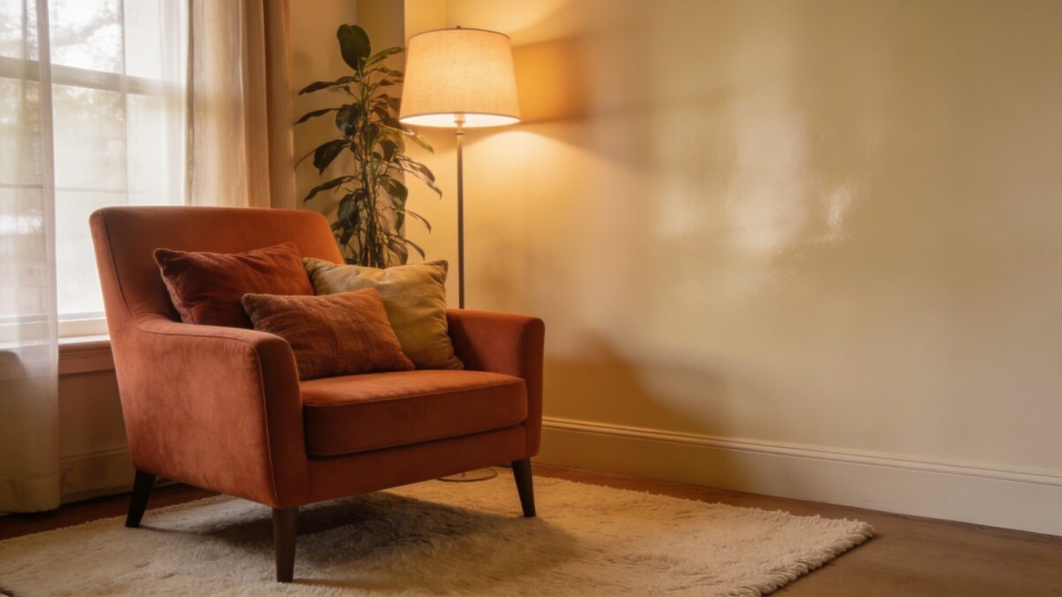 An inviting living room edge featuring a terracotta accent chair, a cream wall with a single satin finish, a layered assortment of throw pillows in warm tones, a soft beige rug, and a tall plant for vertical interest; diffused window light and warm lamps for depth.