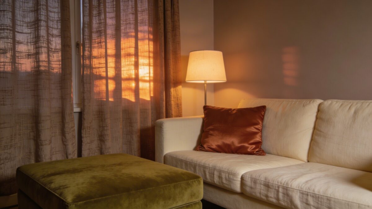 A small living room at dusk showing warm color layering: base walls in soft taupe, a velvet olive green ottoman, a linen-blend sofa in cream, a satin-finish throw pillow in terracotta, and a lamp with a warm glow casting cozy reflections across textured curtains.