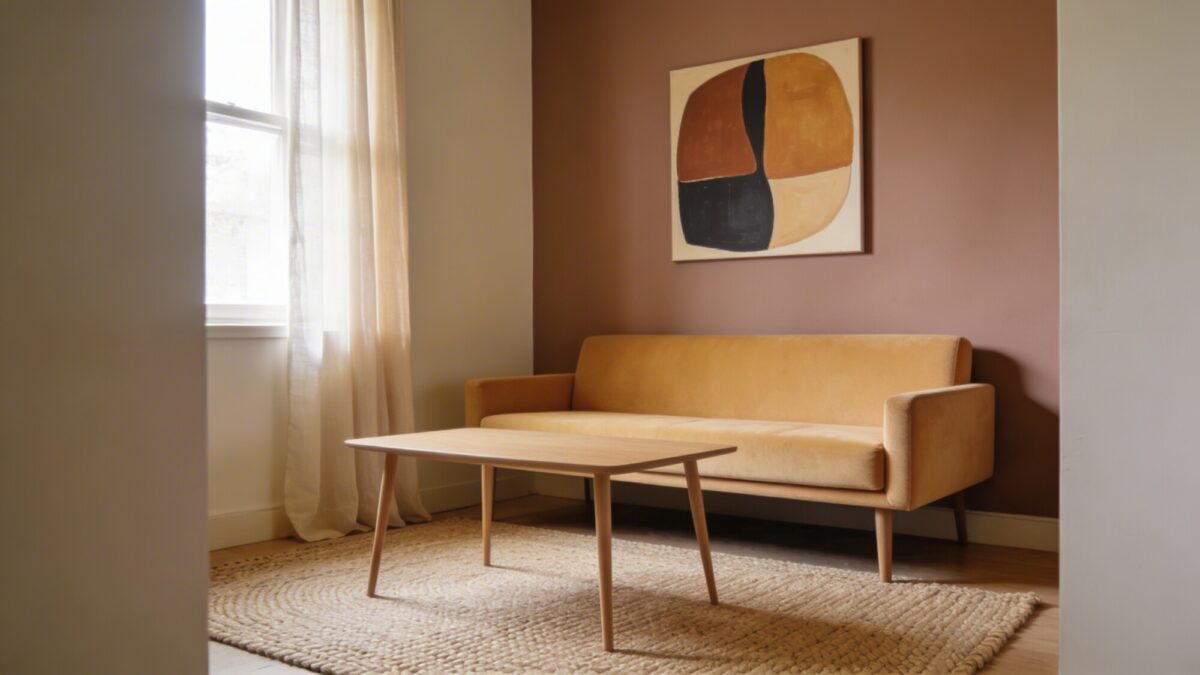 A tiny living room with a low-profile sofa in warm cream upholstery, a slim coffee table with slender legs, and an accent wall painted in soft taupe with a single bold abstract art piece; natural light streaming in from a window, floor-length sheer curtains, and a neutral braided rug grounding the space.