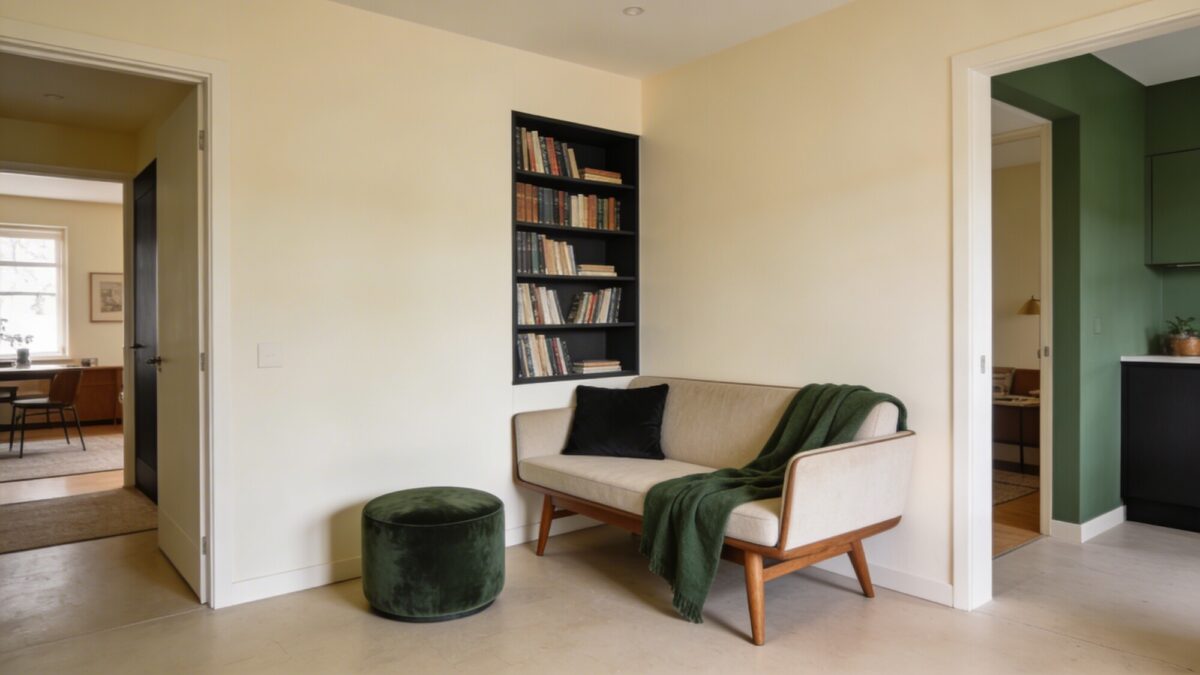 A compact seating area featuring a mid-century style sofa with exposed wooden legs, a small round velvet ottoman, and a corner bookshelf; warm cream walls paired with a subtle evergreen throw blanket and one charcoal cushion for contrast; open sightlines to adjacent spaces.