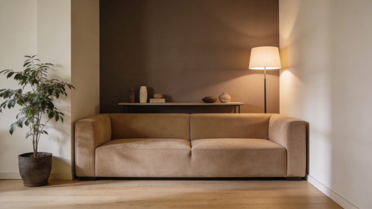 An intimate living nook with a warm beige sectional, a slim console behind the sofa holding a few curated decorative items, and an accent wall in a deeper taupe; soft, diffused lighting from a floor lamp and a potted plant adding life, all on a light wood floor.