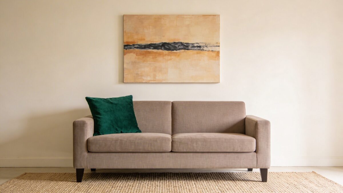 A cozy corner highlighting color theory: a light ivory wall, a soft taupe sofa, and a single bold emerald green throw pillow; a painting with warm neutrals and a touch of charcoal as a focal point, plus a neutral woven rug that expands the space visually.