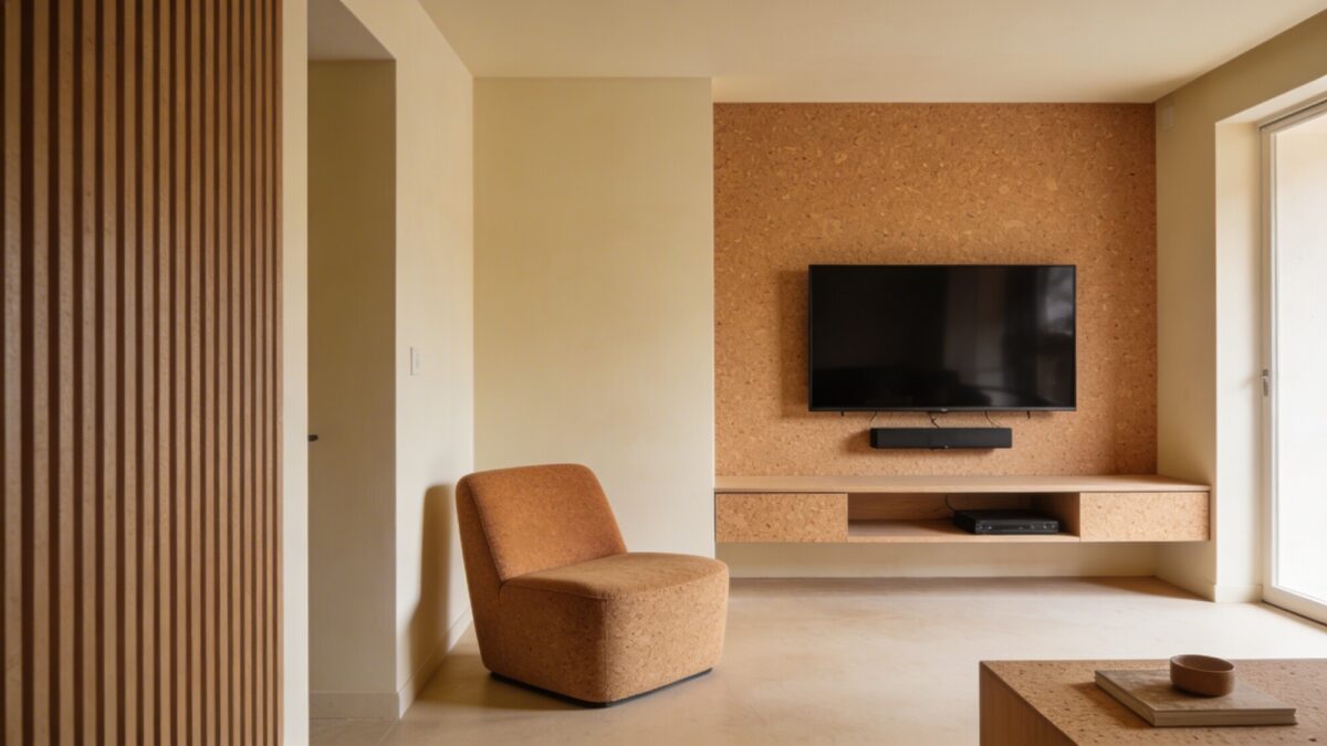 A tiny living room featuring a wall-mounted media setup to keep floor space open, a low-profile TV cabinet, a compact armchair with a warm cork tone, and a warm cream wall with a seamless color flow to the furniture; minimal clutter for an airy feel.