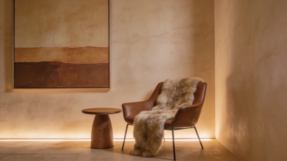 An accent wall concept: a softly textured warm beige wall with a large, framed piece of art in earthy tones; a slim leather chair and a small round wooden side table, a sheepskin throw draped over the chair, and gentle, indirect lighting for coziness.