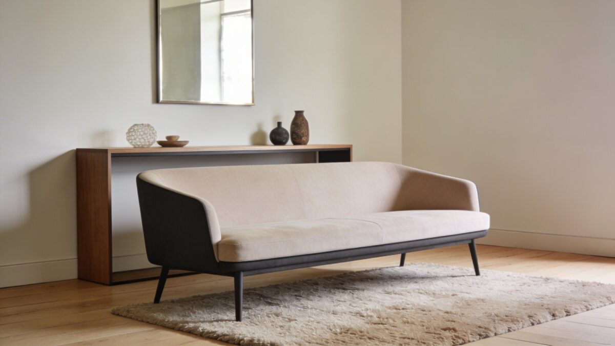 A space-saving layout showing a slender sofa, a narrow console behind it used as a surface for decorative objects, and a mirror to reflect light; color palette of warm creams, soft taupe, and a dash of charcoal, with a light wood floor and a low-pile rug.
