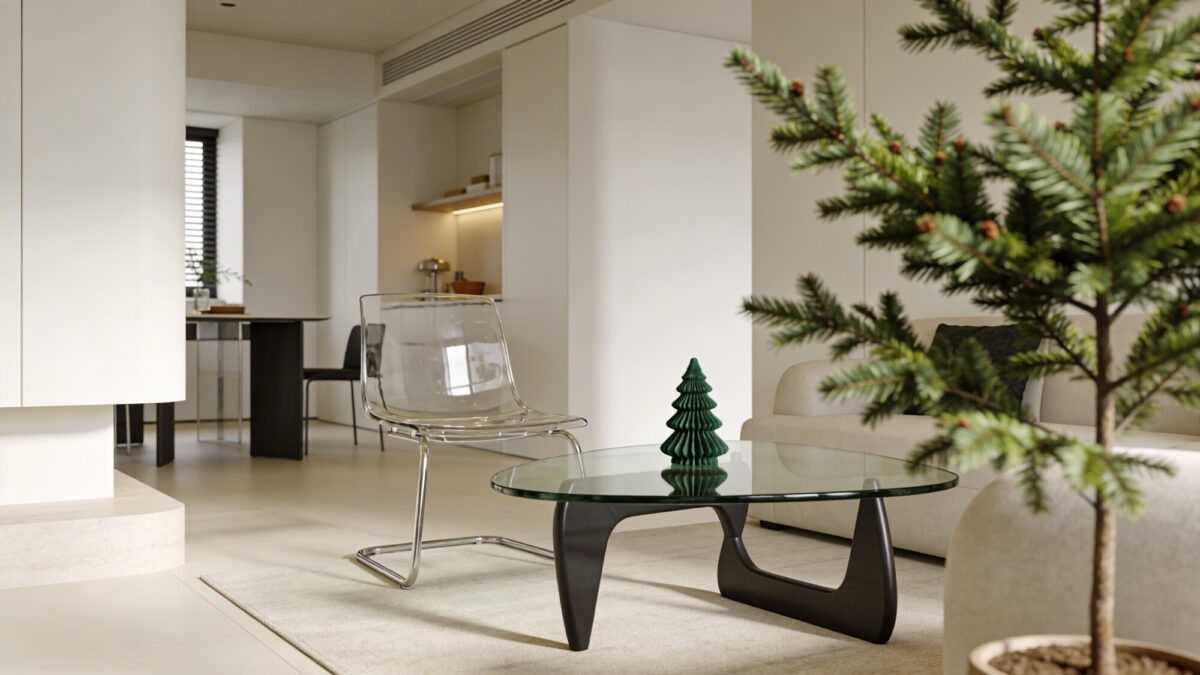 A visually open tiny living room with invisible visual barriers: glass coffee table, clear acrylic side chair, whitewashed walls with warm neutrals, and a single accent color in evergreen through a plant and a small decorative sculpture; plenty of natural light and clean sightlines.