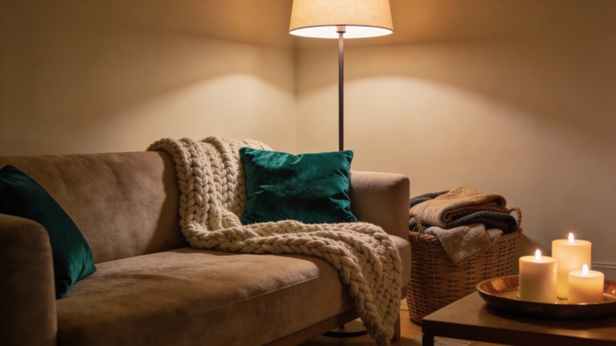 A cozy living room corner featuring a chunky knit throw draped over a plush sofa, velvet emerald cushions, a woven basket with extra blankets, a tray of candles, and warm ambient lighting from a floor lamp; earthy neutrals with a single intimate pop of color.