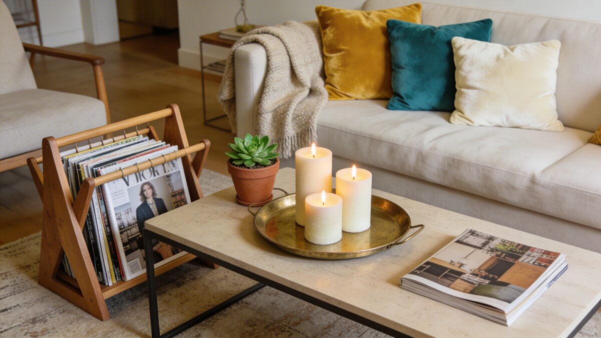 A spacious yet intimate living room layout showing curated clutter: a stylish magazine rack, a tray with candles, a small potted plant, a velvet cushion collection on a sofa, and a wool throw, all arranged for easy flow and comfort.