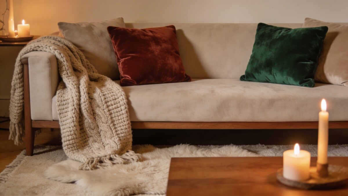 A cozy lounge scene featuring a low-profile sofa, layered textures including a chunky knit throw, velvet cushions (one bold color), a soft wool rug, and a warm wood coffee table; candles and soft lighting creating a hygge vibe.