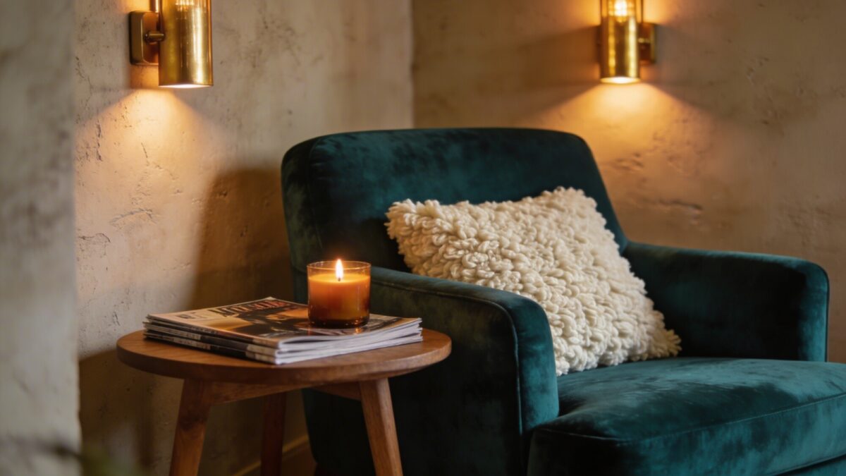 An intimate reading nook integrated into a living room: a comfy armchair with a velvet upholstery, a fluffy boucle cushion, a small side table with a candle, a magazine stack, and warm wall lighting in earthy tones.