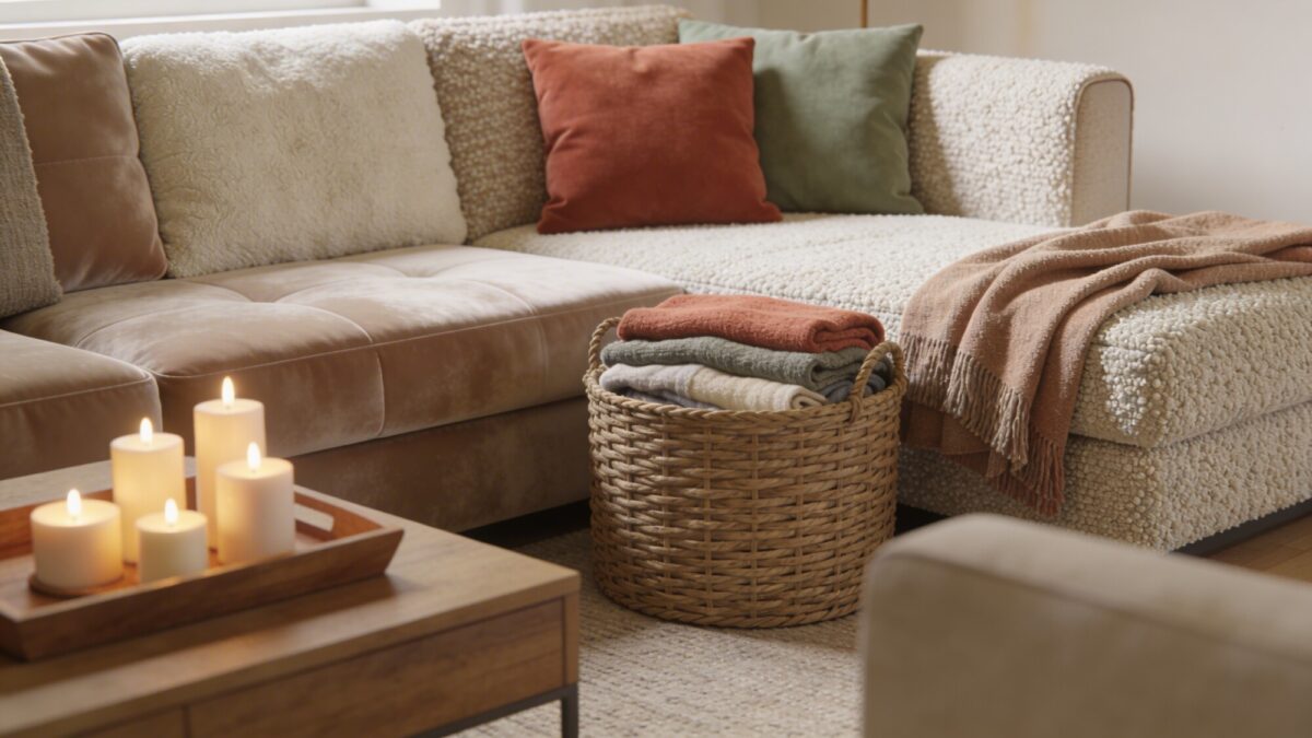 A family-friendly living room with a large sectional, a mix of textures (velvet, wool, boucle), a woven storage basket filled with blankets, a tray of candles, and subtle color pops of terracotta and sage within a soft neutral background.