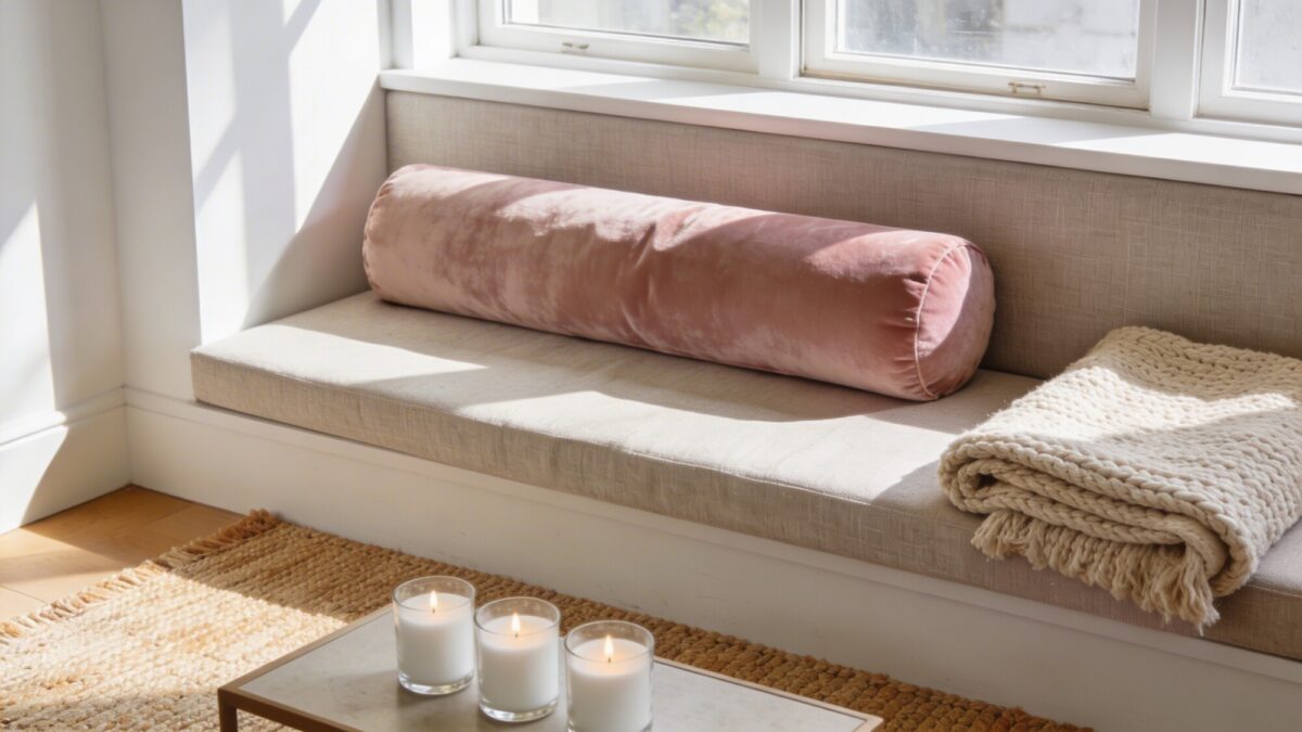 A living room window seat area bathed in natural light, adorned with a velvet bolster, a chunky knit throw folded at the edge, a woven rug, and a small coffee table featuring a candle trio; neutral base with a gentle accent color.