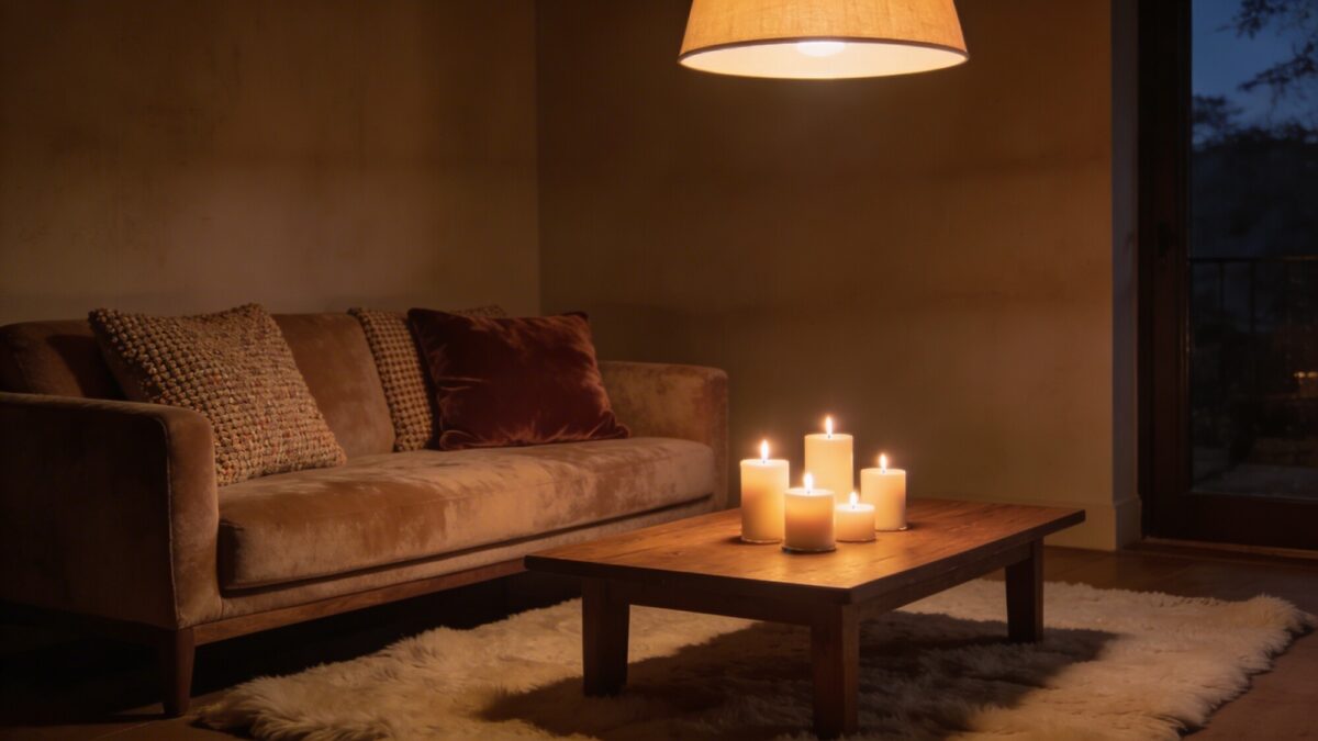 An evening scene of a cozy living room showing a layered lighting scheme: a warm lamp, several candles on a coffee table, and a dimmed overhead glow; textures include boucle cushions, a velvet pillow, and a soft wool rug, with earthy tones throughout.