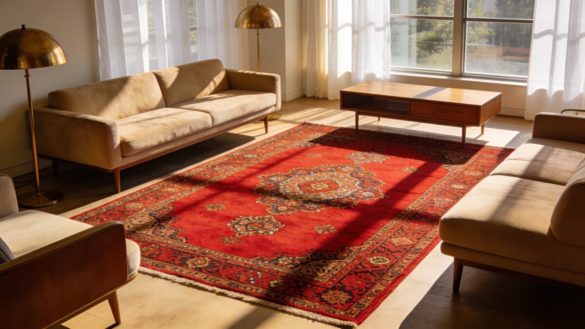 A sunlit living room featuring a bold red Persian rug with intricate inlaid patterns, surrounded by mid-century modern furniture in neutral tones, a plush beige sofa, a wooden coffee table, and a pair of brass floor lamps; natural light streaming through large windows with sheer white curtains.