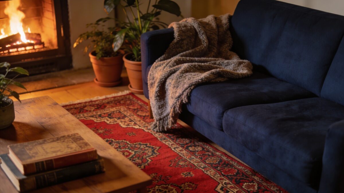 A cozy living room scene centered on a red Persian rug, layered with a soft textured throw over a navy-blue sofa, a wood coffee table with vintage books, indoor plants in terracotta pots, and a warm amber glow from a flickering fireplace.