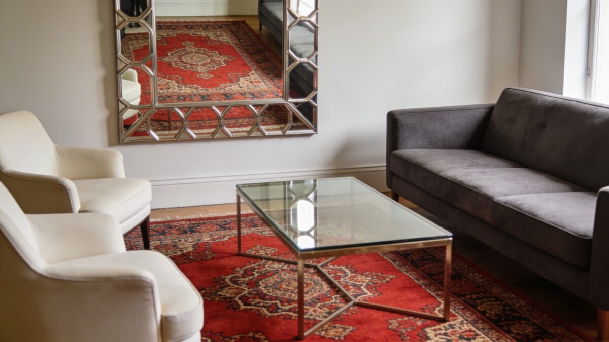 An editorial-style shot of a red Persian rug anchoring a seating arrangement: a charcoal gray sofa, cream armchairs, a glass-topped coffee table, and a statement mirror on the wall reflecting the rug’s pattern, with soft natural daylight.