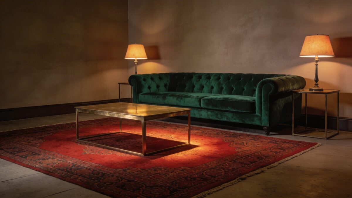 A moody, cozy living room with a red Persian rug, a tufted velvet sofa in deep emerald, a brass coffee table, and warm lighting from table lamps; walls painted in warm taupe to enhance the rug’s depth.
