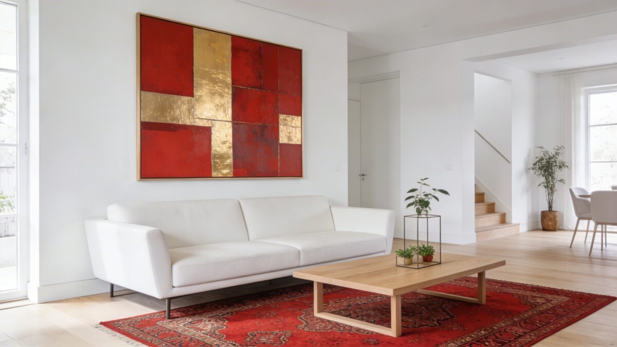 A bright, airy living space showing a red Persian rug under a white modern sofa, a light wood coffee table, a minimalistic plant-filled vignette, and a large abstract art piece in complementary reds and golds on the wall.