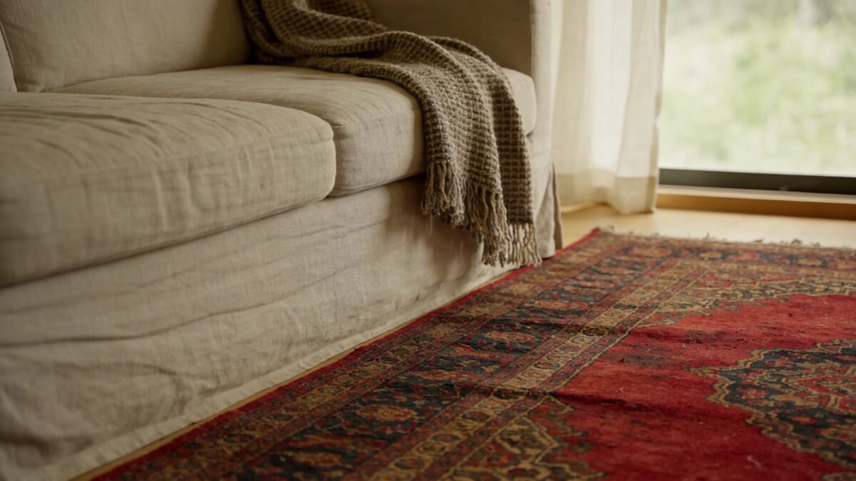 A close-up lifestyle shot of the red Persian rug showing its aged, darkened tones and intricate borders, paired with a simple linen sofa and a woven throw, framed by soft window light and subtle texture on the rug fibers.