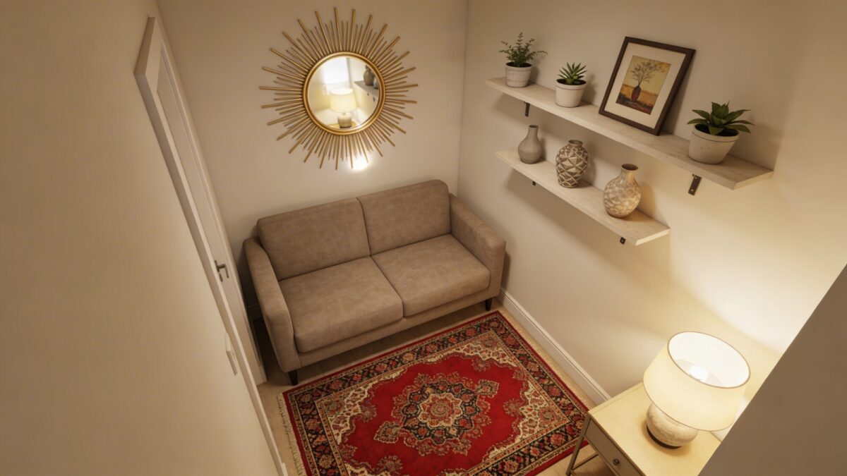 A small-space living room with a red Persian rug, maximizing warmth: a compact loveseat, wall-mounted shelving with curated decor, a sunburst mirror, and a warm-neutral palette to keep the rug as the focal point.