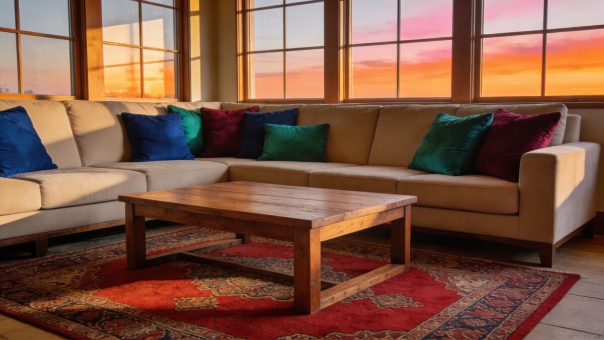 A stylish living room setup featuring a red Persian rug under a low-profile teak coffee table, a beige sectional, assorted throw pillows in jewel tones, and a streaming sunset glow visible through large windows.