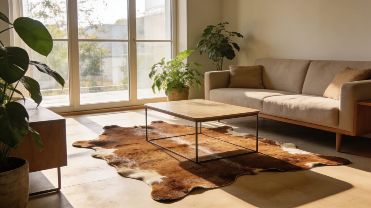 A modern living room with a natural cowhide rug centered under a sofa and coffee table, warm daylight streaming through large windows, minimalist furniture in neutral tones, and a few green houseplants to contrast the hide’s texture.