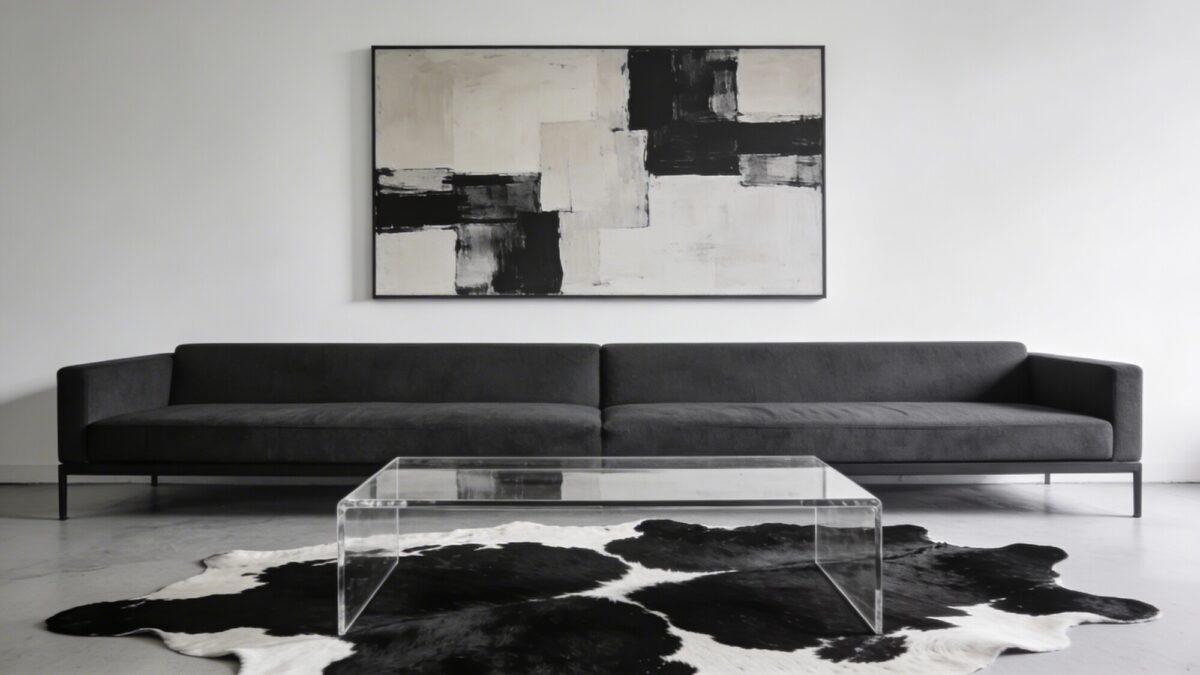 A monochrome living space featuring a black-and-white dyed cowhide rug, low-profile charcoal sofa, glass coffee table, and a bold abstract wall art piece in neutral shades to create striking contrast.
