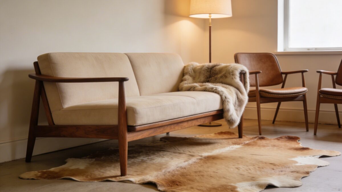 A cozy, mid-century inspired living room with a light tan cowhide rug under a walnut wood-framed sofa, retro accent chairs, and a soft sheepskin throw, all lit by warm ambient lighting.
