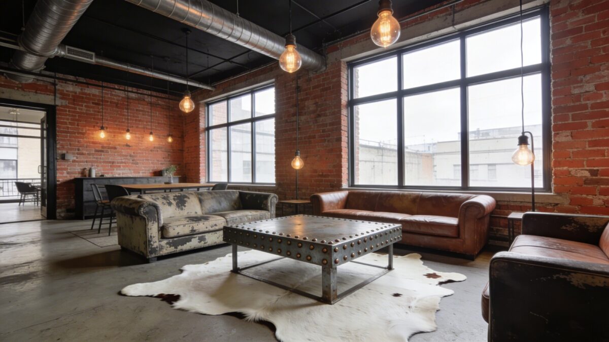 An open-concept urban loft with a dramatic white cowhide rug anchoring an industrial-style seating area, metal coffee table, exposed brick, and oversized floor-to-ceiling windows.