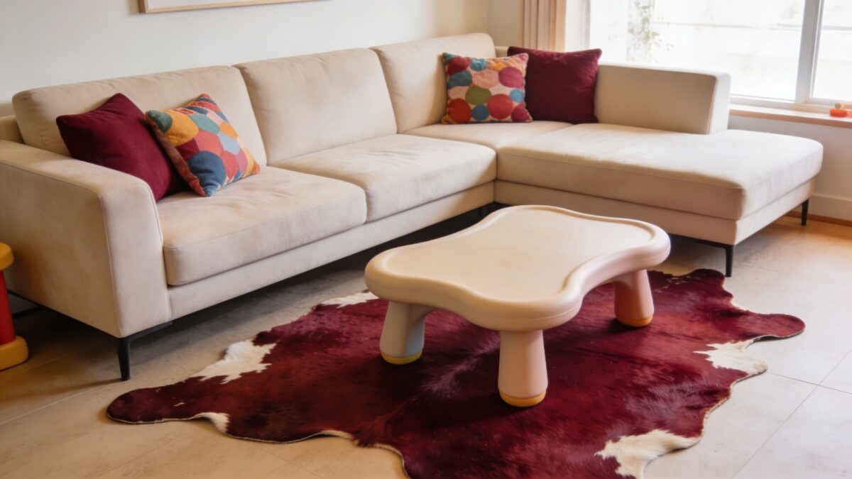 A family-friendly living room showing a dyed burgundy cowhide rug under a modern beige sectional, colorful accent pillows, and a kid-friendly, low-height coffee table with rounded edges.