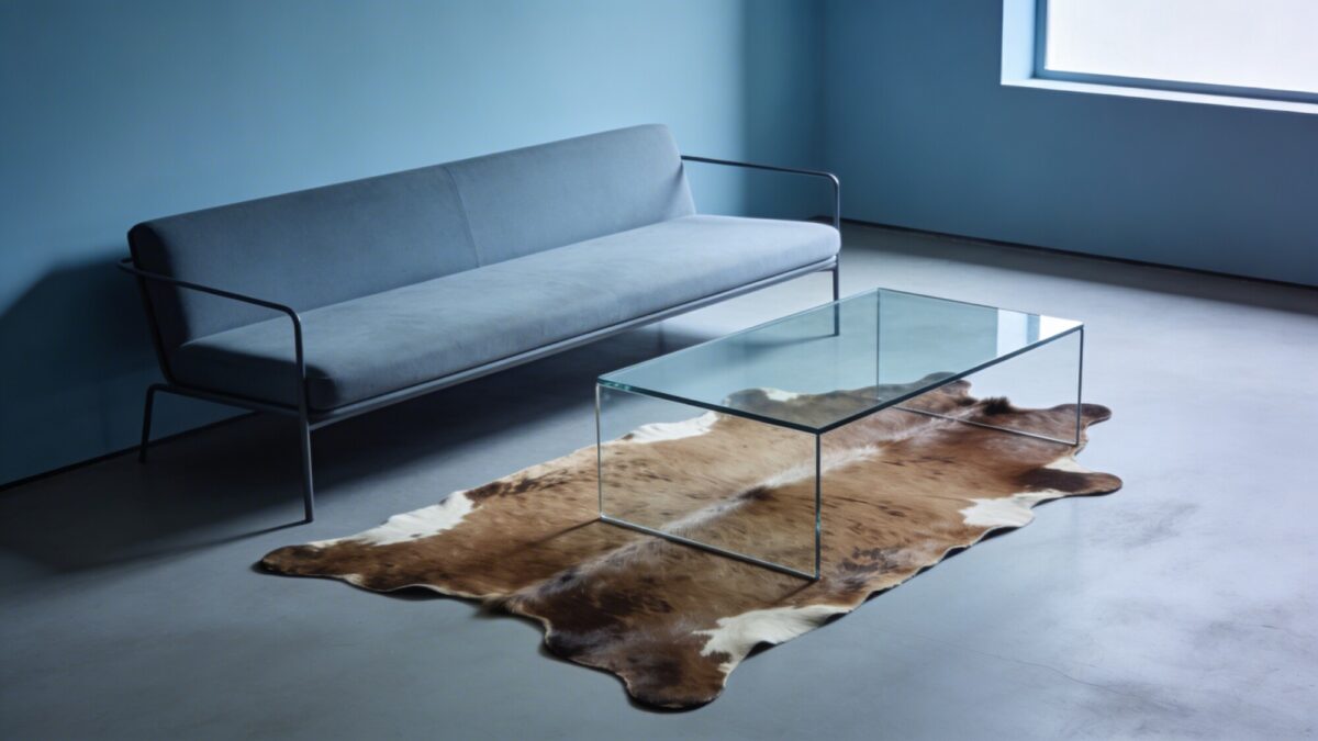 A minimalist living room with a small, long rectangular natural cowhide rug placed under a glass-top coffee table and a slim-line sofa, sparse decor, and cool-toned lighting.