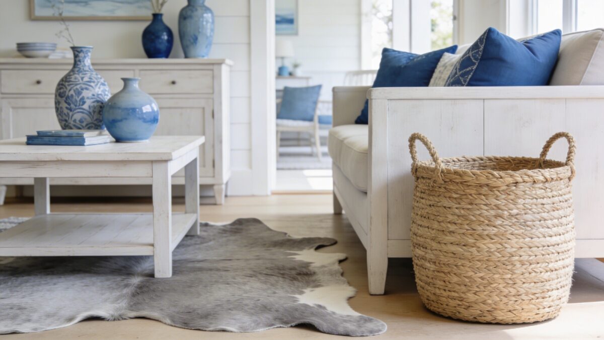 A coastal-inspired lounge featuring a light gray natural cowhide rug, whitewashed wood furniture, blue accents, and a woven seagrass basket for texture.