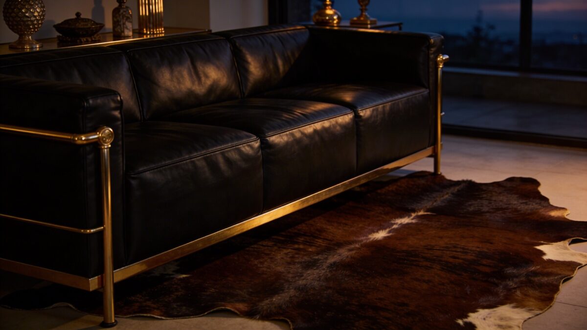 A dramatic evening setup with a large, dark brown cowhide rug beneath a sleek black leather sofa, moody lighting, and metallic gold accents to emphasize contrast and depth.