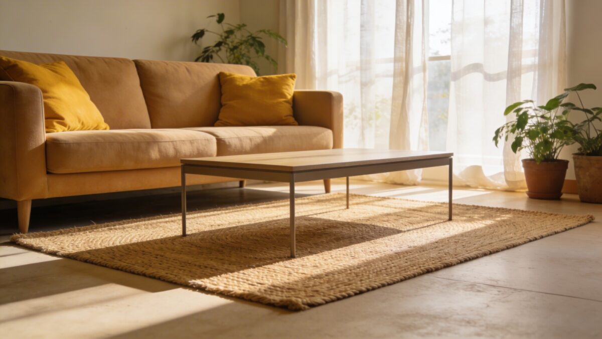 A sunlit living room featuring a textured natural jute rug centered under a low-profile coffee table, with warm neutral sofa and a pop of bold mustard-yellow throw pillows, airy curtains, and potted greenery in the background.