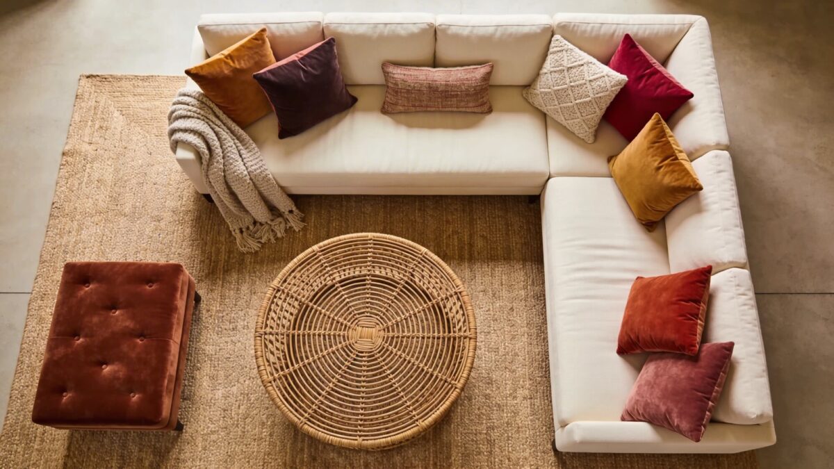 An overhead view of a layered living room setup: a large 8x10 jute rug, a woven rattan coffee table, sectional sofa in cream with vibrant accent cushions, and a subtle mix of other textures like a knitted throw and a velvet ottoman.