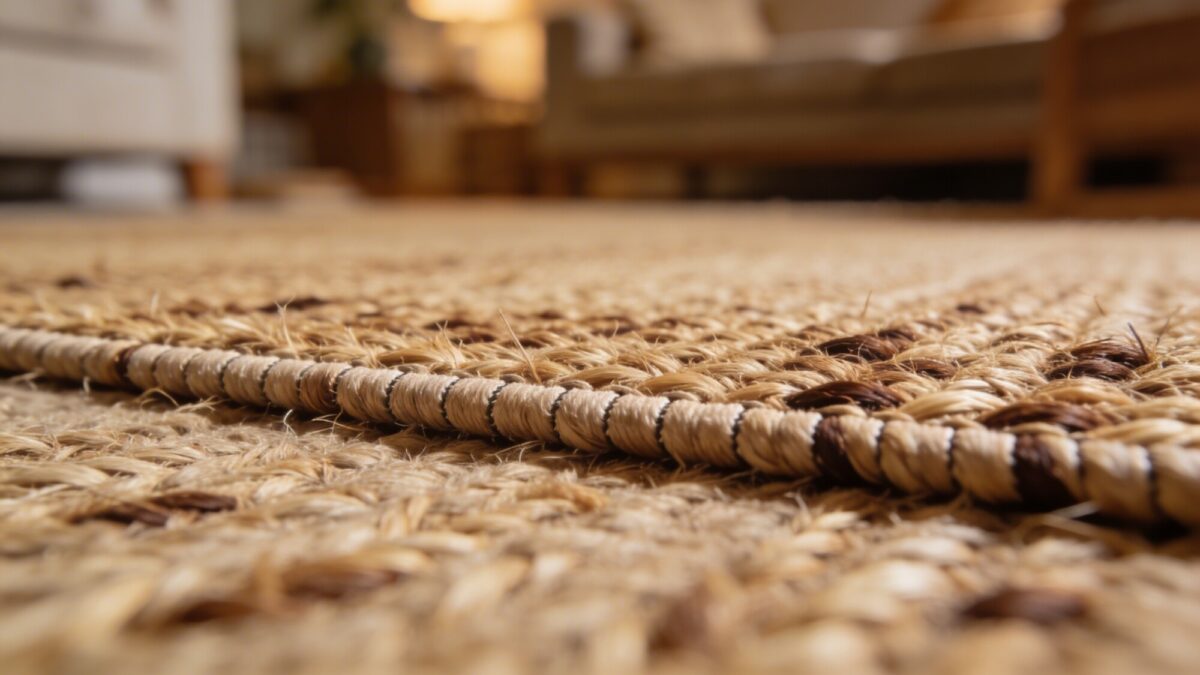 Close-up on the tactile weave of a jute rug, showing its natural fibers, subtle variation in color, and a clean edge trim, with soft-focused living room furniture blurred in the background.