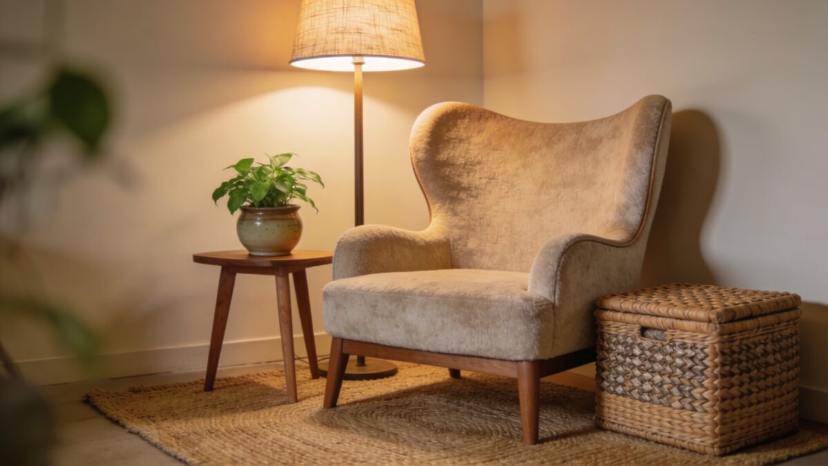 A cozy reading nook within a living room: a jute rug under a comfy armchair, a floor lamp, a small side table with a greenery plant, and a woven storage basket to emphasize texture layering.