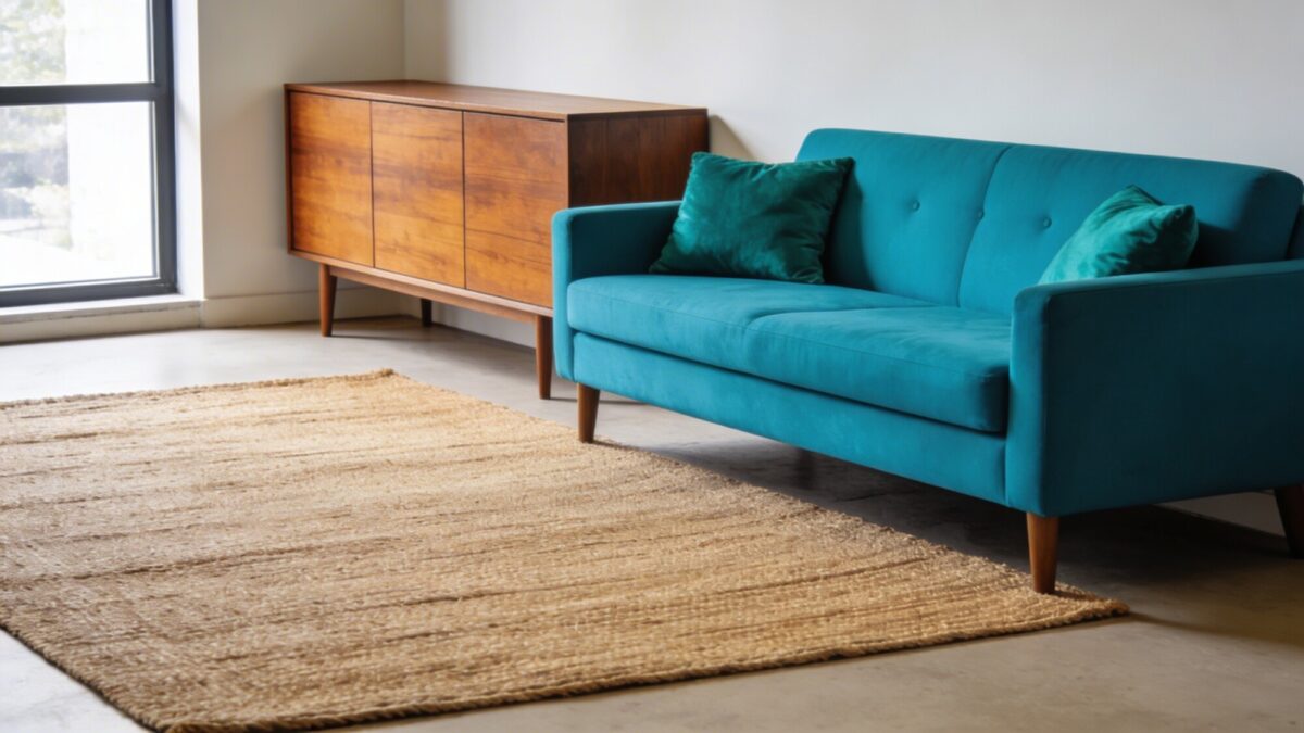 A modern living room with a bold color palette: large jute rug grounding a bright teal sofa, emerald throw pillows, and a contrasting wooden cabinet, with ambient natural light streaming through a large window.