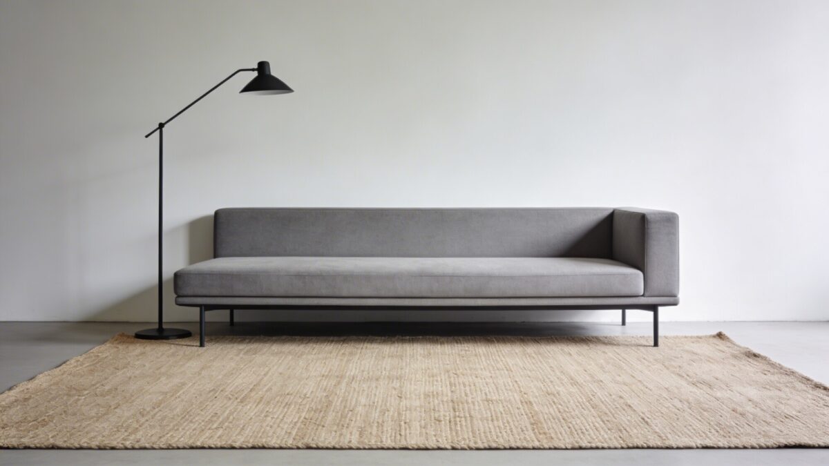 A minimalist living room scene: oversized 9x12 jute rug under a low-profile sofa, monochrome palette of grays and beiges, and a single statement black metal floor lamp to highlight simplicity and texture.