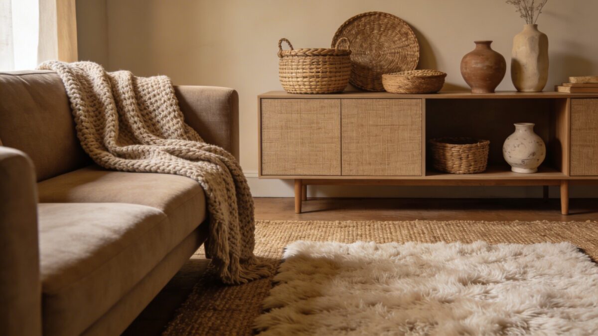 A living room that demonstrates layering: jute rug topped by a soft shag runner across a seating area, with a knitted throw draped over a sofa, and a mix of woven baskets and ceramic decor on a sideboard.