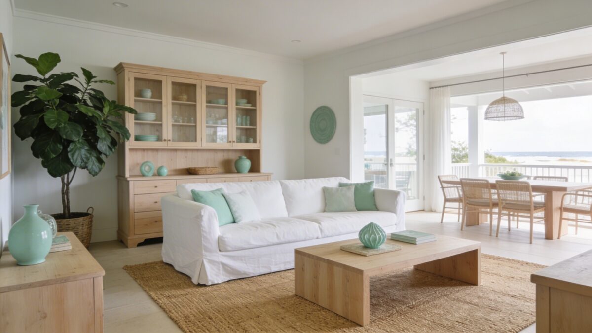 An airy, coastal-inspired living room: jute rug paired with light ash wood furniture, white slipcovered sofa, seafoam accents, and a large houseplant, evoking a relaxed beachy vibe without feeling beachy or cluttered.