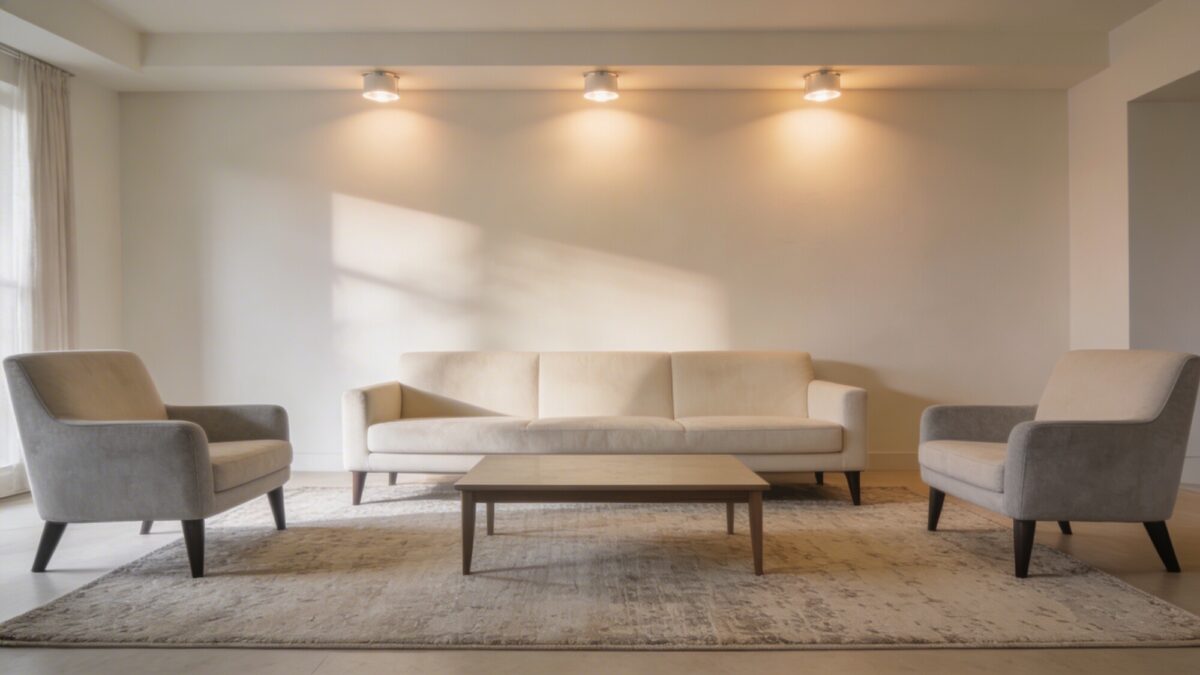 A cozy living room interior showing a mid-sized rectangular rug under a sofa and two armchairs, with all four legs of the furniture resting on the rug and a coffee table centered in front, soft lighting, neutral tones.