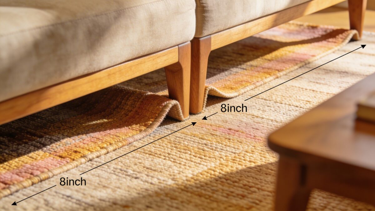 Close-up shot of a rug edge extending beyond a sofa by 8 inches on each side, emphasizing the rug overlap with the sofa legs and a small portion of a coffee table, natural light from a window.