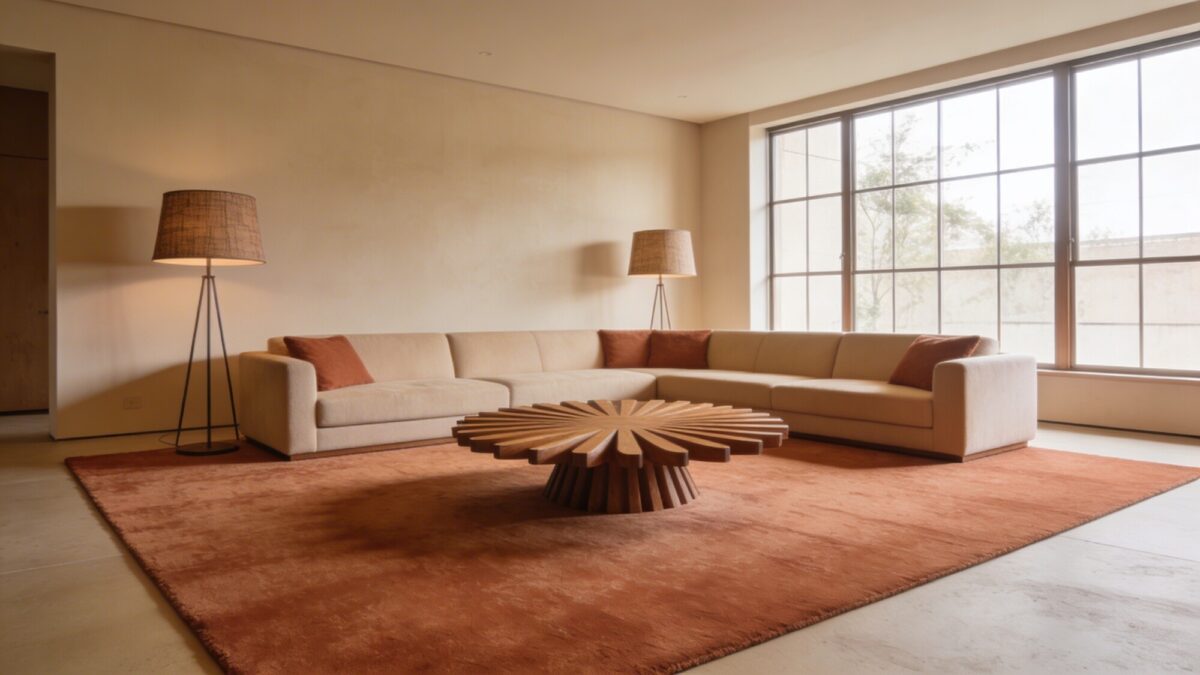 A living room with a large area rug that nearly fits the entire seating area, showing a sunburst coffee table in the center and floor lamps, minimal clutter, warm palette.