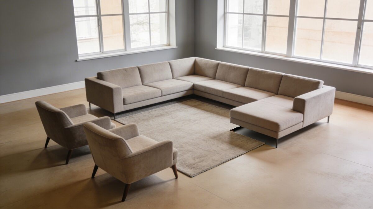 A modern living room where the rug is noticeably too small under a large sectional, with two chairs partially off the rug, highlighting the sliced-room effect.