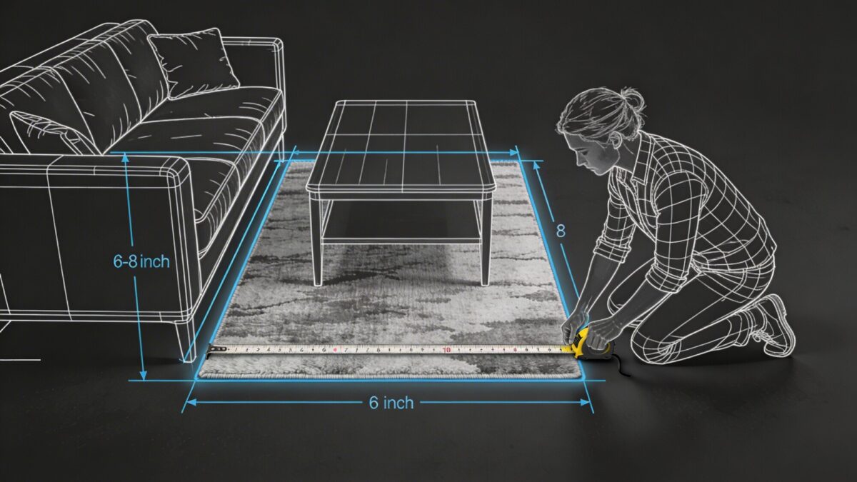 Image of a measurement scene: a person using a tape measure to measure rug dimensions relative to a sofa and coffee table, blueprint-style overlay lines showing 6-8 inch extension beyond furniture.