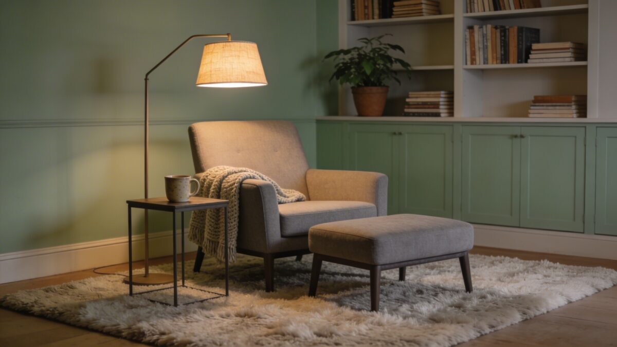 A cozy reading nook in a living room: rug under a single armchair and ottoman, with a side table and a floor lamp, soft textures and muted colors.